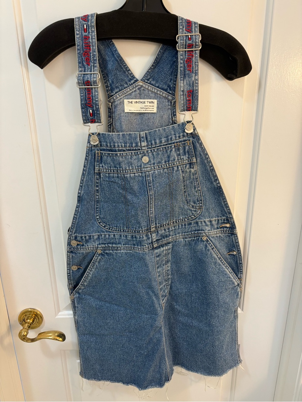Vintage 90s Tommy Hilfiger Blue Denim Dungaree Overall Mini Dress Women’s M
